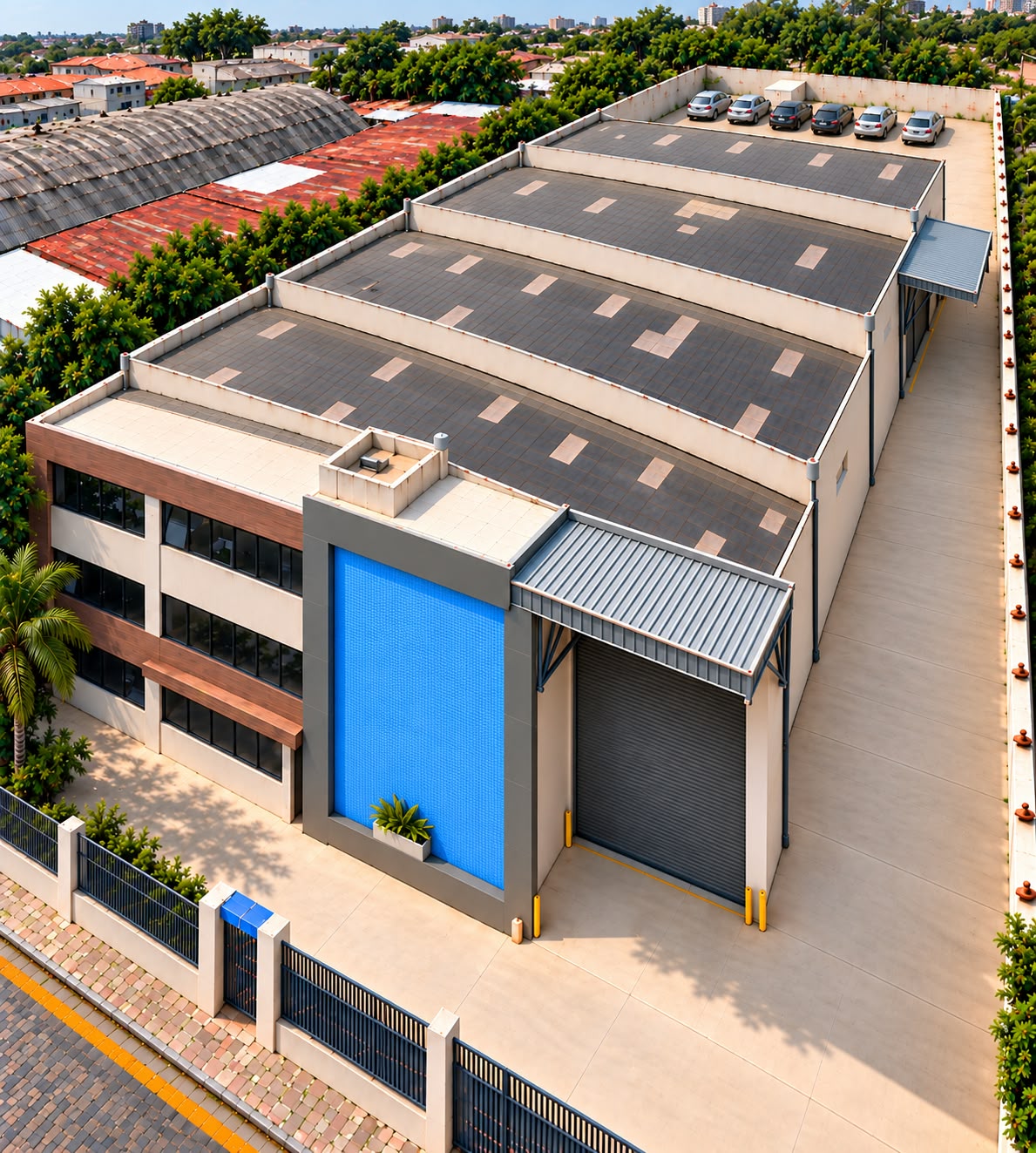 Vista aérea do prédio e do centro de distribuição da Viasupri